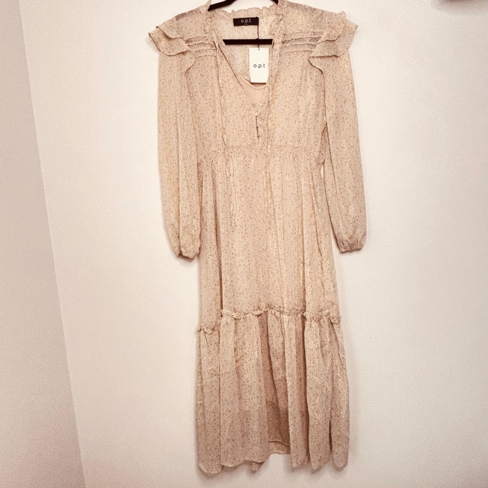 OPT Beige Gold Tiered Ruffle Dress Size Medium Cottage Prairie Boho NEW B125